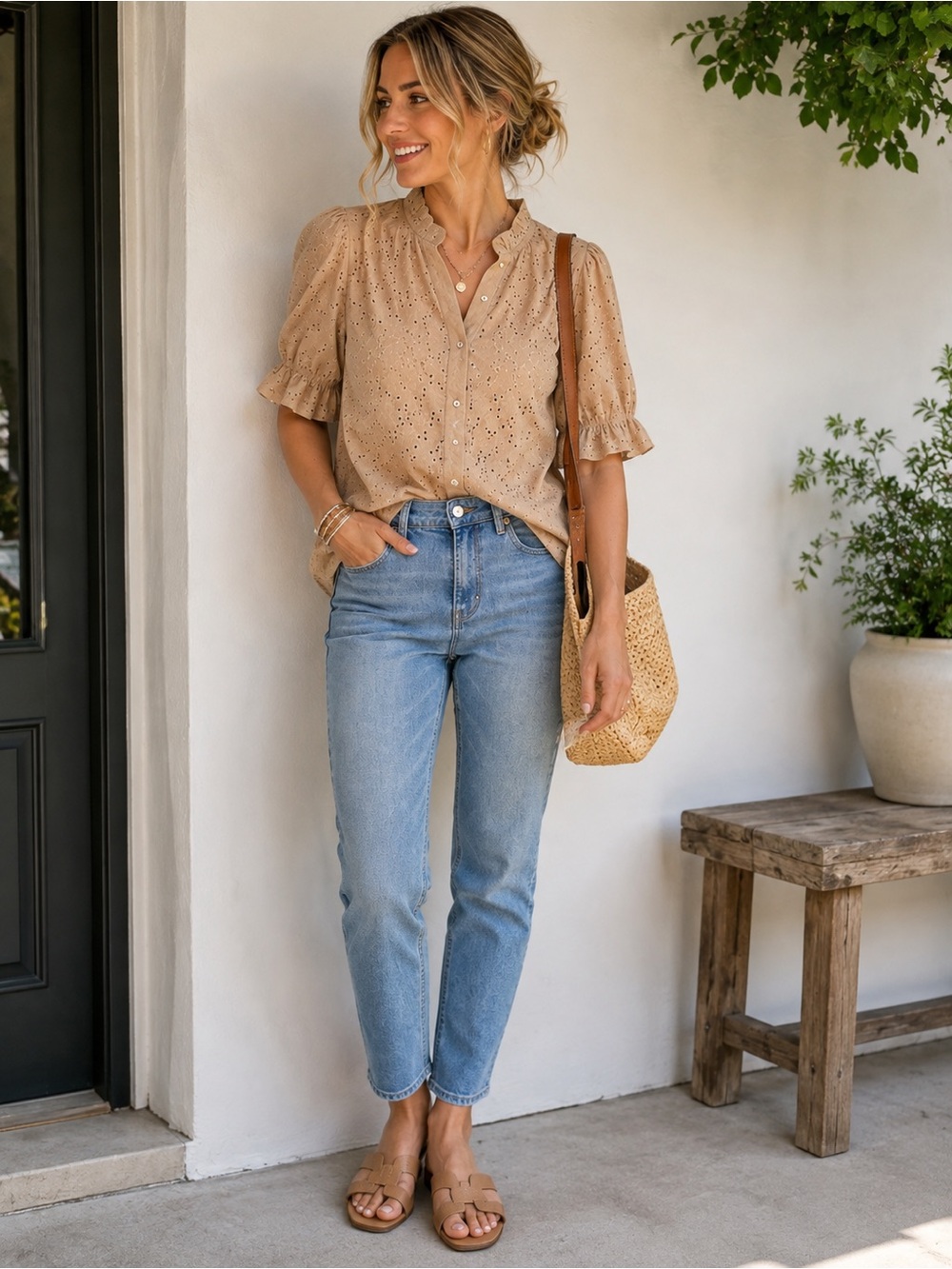 Ann Taylor Beige Eyelet Button-Down Blouse